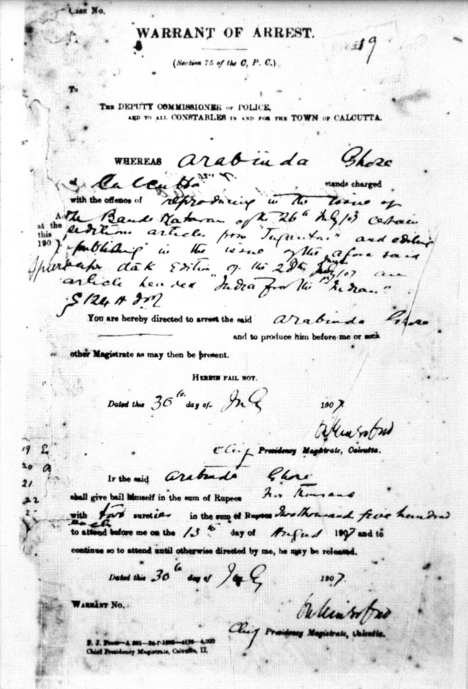 Arrest Warrant for Sri Aurobindo in Bande Mataram Sedition Case