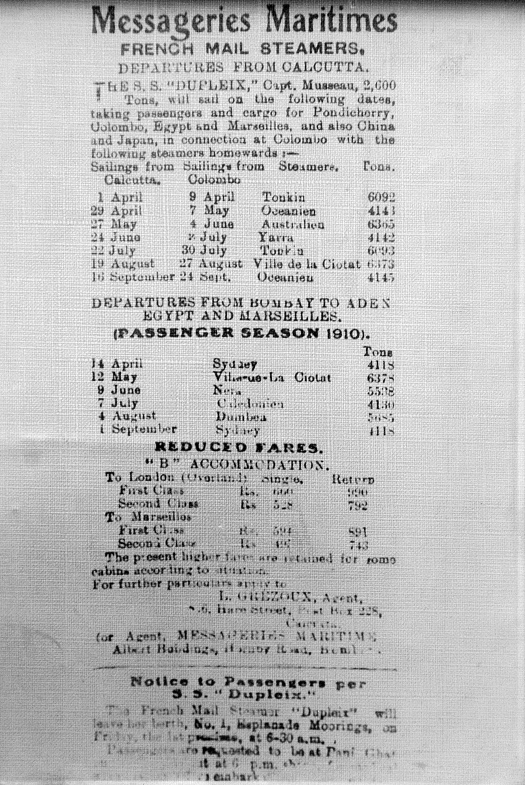 Notice of SS Dupleix