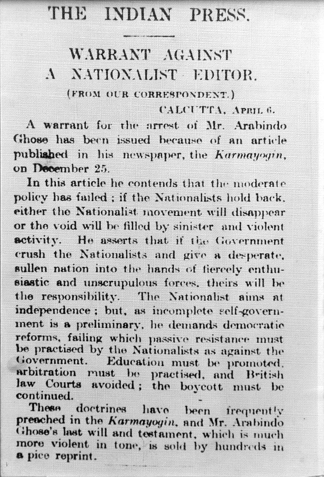 Newspaper report on warrant against Sri Aurobindo