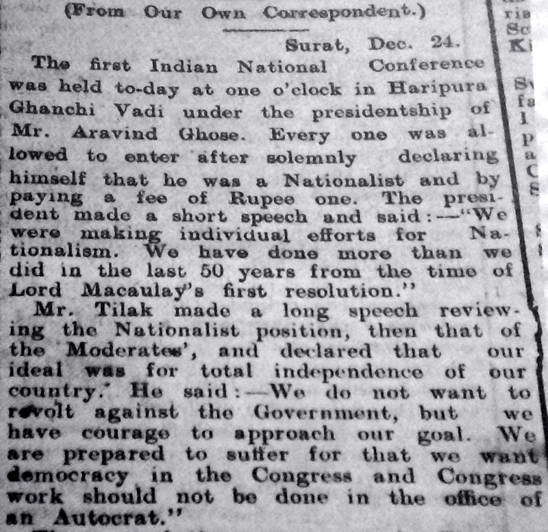 Nationalist Conference Report in Amrita Bazar Patrika, Surat, December 1907