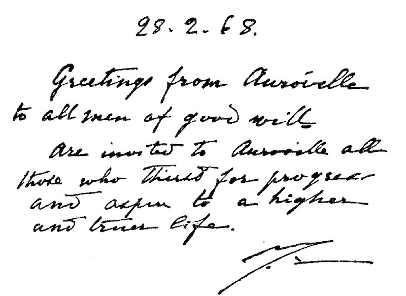 Welcome Message by The Mother at the Auroville inauguration ceremony